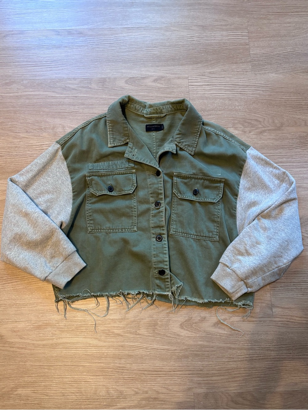 AllSaints Women’s M/L Morten Mixed Media Denim Army Jacket Khaki Green Gray - Picture 3 of 11